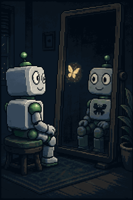 Pixel-art robot watching its reflection fill briefly with cyan and gold light.